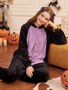 Provexi Provexi Halloween Flannel Black Cat Cartoon One-Piece Pajamas For Women, Hooded Animal Design Loose Fit Loungewear - Black - View 4
