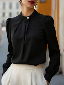 SHEIN Women's Woven Solid Color Ruched Collar Casual Elegant Long Sleeve Blouse, Autumn Office Dinner Black - Black - View 2