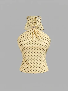SHEIN MOD 女款金屬裝飾修身百搭日常穿搭掛脖上衣 - 淡黃色 - 查看 3