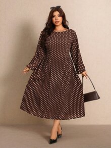 Elaquor Plus Size Women's Polka Dot Casual Party Dress - Brown - View 4