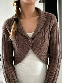 IslaSuriya Brown Cable Knit French Vintage Casual Style Daily Commute Single Button Short Cardigan - Brown - View 3