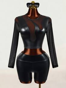 Mistrie Women's Sexy Goth Fitted Fashion Mesh Patchwork Cropped Top Halloween Night Out Clubbing Black Fall - Black - View 5
