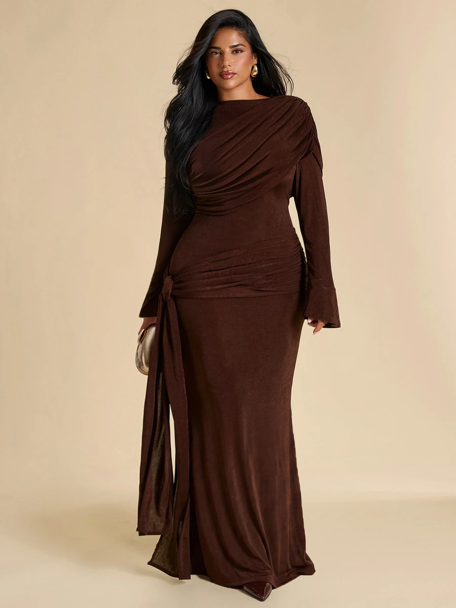SHEIN BAE CURVE Plus Size Women Deep Burgundy Ruched Long Dress With Bow, Elegant Cocktail Dress, Halloween Fall - Brown - View 1