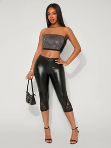SHEIN SXY Women's Fashion Commute Lace Patchwork Leggings - Black - View 3