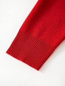 SHEIN Clasi Cardigan Rajut Wanita Ukuran Besar Lengan Panjang Berpayet dengan Pita dan Bagian Depan Terbuka, Warna Merah Musim Gugur, Motif Langit Berpayet - Merah - View 5