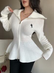 Feyla Women's Knight Graphic Zipper Casual Versatile Daily Long Sleeve Sweater - White - View 6