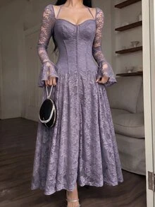 Feyla 女款優雅純色蕾絲洋裝 - 紫色 - 查看 6