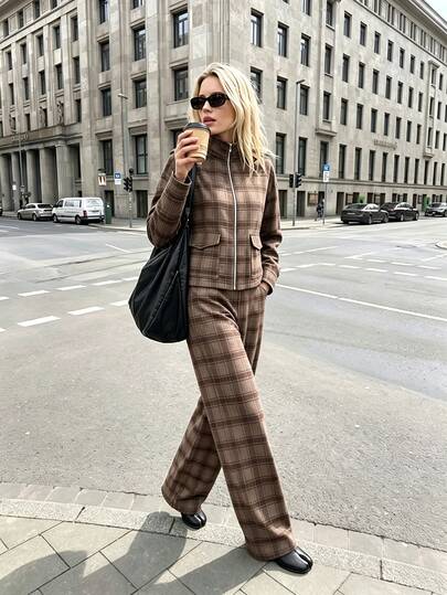 Struktiv Women's New 2 Pieces Set, Plaid Casual Outfit, Jacket And Pants, Vacation Outfit, Airport Outfit, Commuter Outfit, Office Outfit, Basic Style