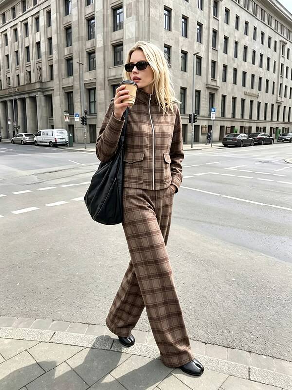 Struktiv Women's New 2 Pieces Set, Plaid Casual Outfit, Jacket And Pants, Vacation Outfit, Airport Outfit, Commuter Outfit, Office Outfit, Basic Style