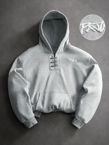 PAVTROS Men's Letter Patch Airplane Buckle Design Hoodie - Grey - View 1