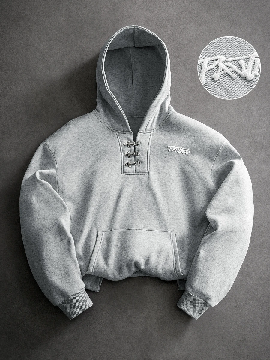 PAVTROS Men's Letter Patch Airplane Buckle Design Hoodie - Grey - View 1