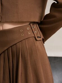 MOTF PREMIUM WOMEN'S SOLID COLOR PATCHWORK PLEATED HEM BUCKLE WAIST SKIRT - Brown - View 6