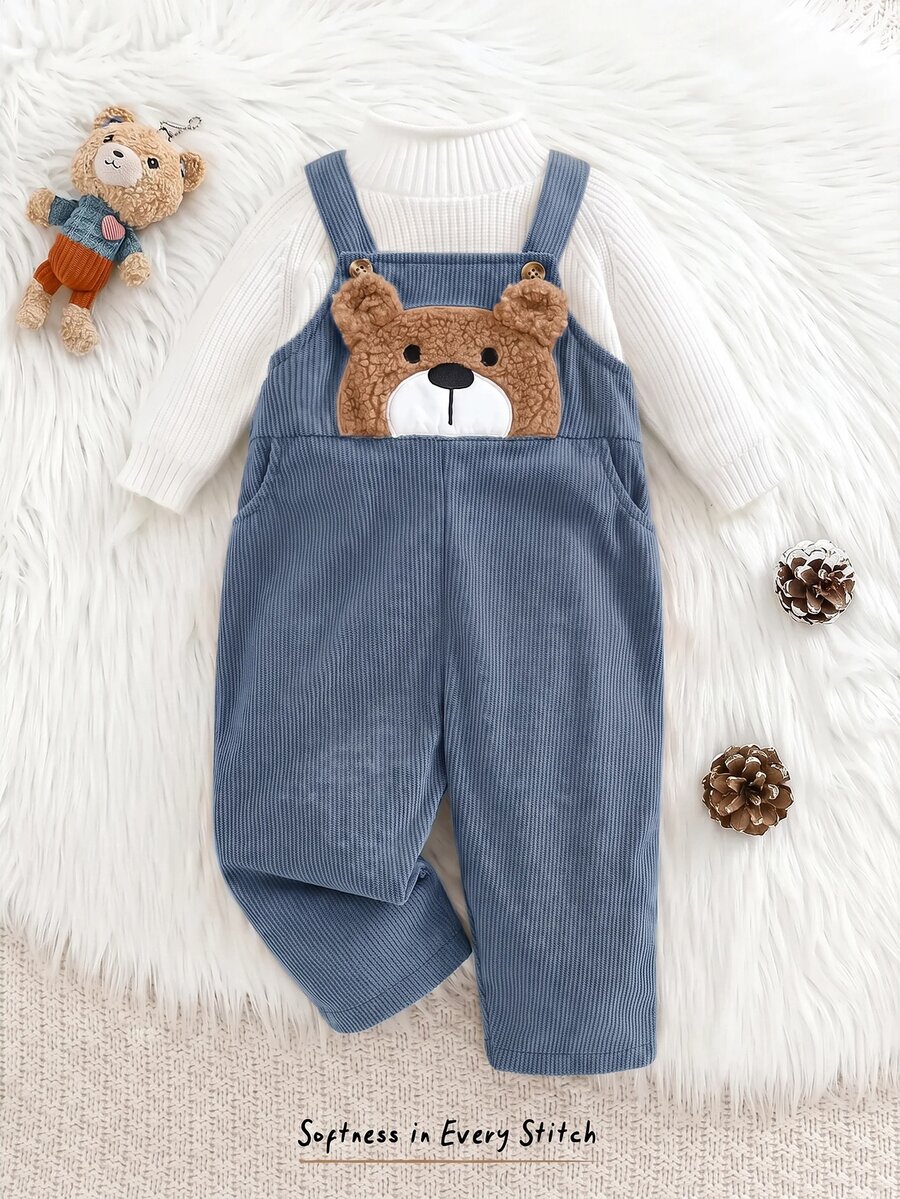 Young Boy Cute Applique Kids Embroidery Pocket Autumn Romper - Blue - View 1