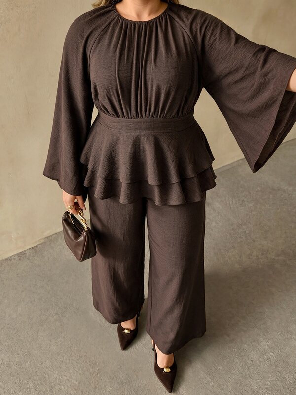 Auralis Plus Size Women Brown Small Round Neck Ruched Waist Double Layer Ruffle Hem Flare Loose Long Sleeve Top And Elastic Waist Loose Straight Leg Pants, Minimalist Fashion Comfortable Daily Elegant Commute Party Holiday 2-Piece Set