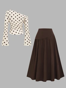 Sweetra Women's Elegant & Fashionable Polka Dot Design Comfortable Milk Silk 2 Pieces Set - Coffee Brown - View 2