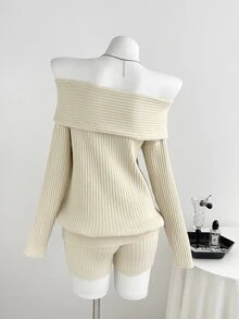 Elamini Women's Soft Versatile Off-Shoulder Sweater And Shorts 2 Pieces Set - Apricot - View 2