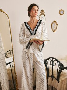 Côtesoire Women's Romantic Elegant Polka Dot Print Contrast Color Lace Long Sleeve Long Pants Pajama Set - Black and White - View 4
