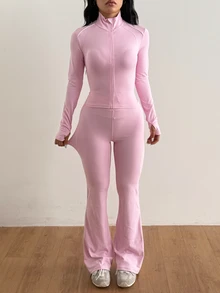 Coolane Women's Summer Sport Yoga Shaping Zipper Detail Jacket + Butt-Lifting Flared Long Pants Pink 2pcs - Pink - View 4
