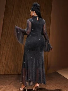 Maweii Plus Size Black Silver Thread High Neck Bell Sleeve Sexy Fitted Evening Dress Fall - Black - View 2