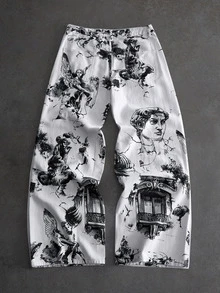 ROMWE MEN American Cool Retro Sketch Statue All-Over Print Wide Leg Denim Jeans Unisex High Street Angel Portrait Print Washed Soft All-Season Versatile Denim Pants - Multicolor - View 3
