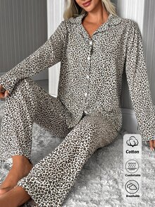 SHEIN Brown Leopard Print Button Front Long Sleeve Lapel Collar Shirt & Pants Pajama Set - Brown - View 7
