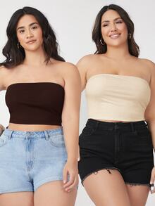 SHEIN BASICS Plus Size 2 Packs Crop Tube Top/Summer/Off-The-Shoulder Top Summer Tops - Multicolor - View 1