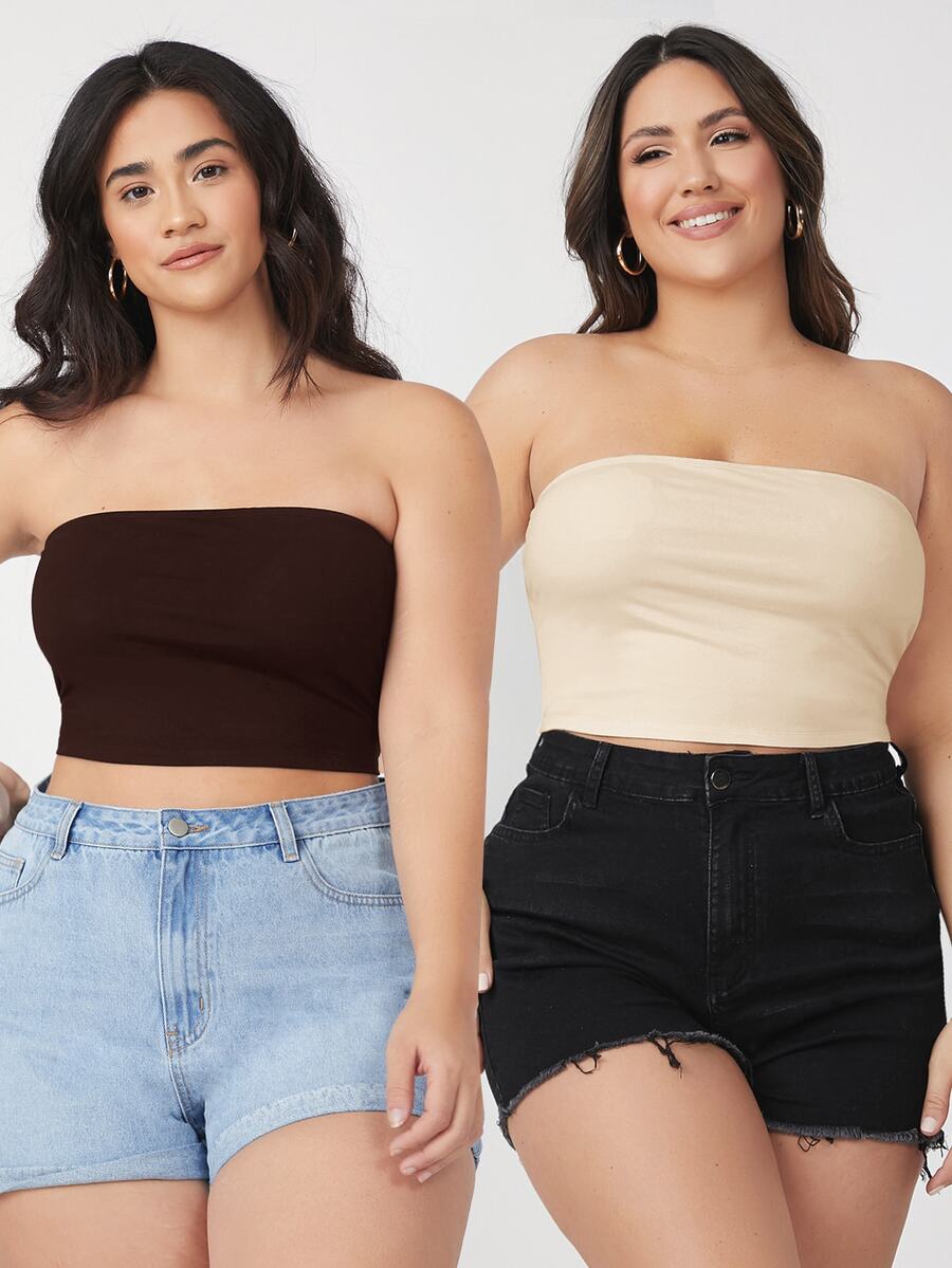 SHEIN BASICS Plus Size 2 Packs Crop Tube Top/Summer/Off-The-Shoulder Top Summer Tops - Multicolor - View 1
