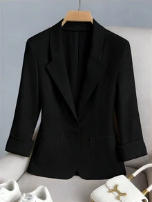 GlowEve CURVE Plus Size Women's Summer Smart Casual Long Sleeve Blazer, Lapel Design, Black Button Style, Office Formal, Business Meetings, Solid Color - Black - View 7