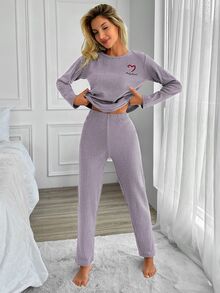 SHEIN Tall 2pcs Women Casual Lilac Purple Relaxed Wear Set In Ribbed Knit Embroidered With Letters And Hea - Lilac Purple - View 4