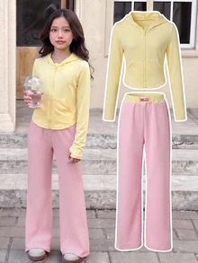 SHEIN Tween Girls 2pcs Solid Pink Drawstring Hoodie & Wide Leg Pants Set, Suitable For Spring/Autumn Casual And Daily Wear - Yellow - View 1