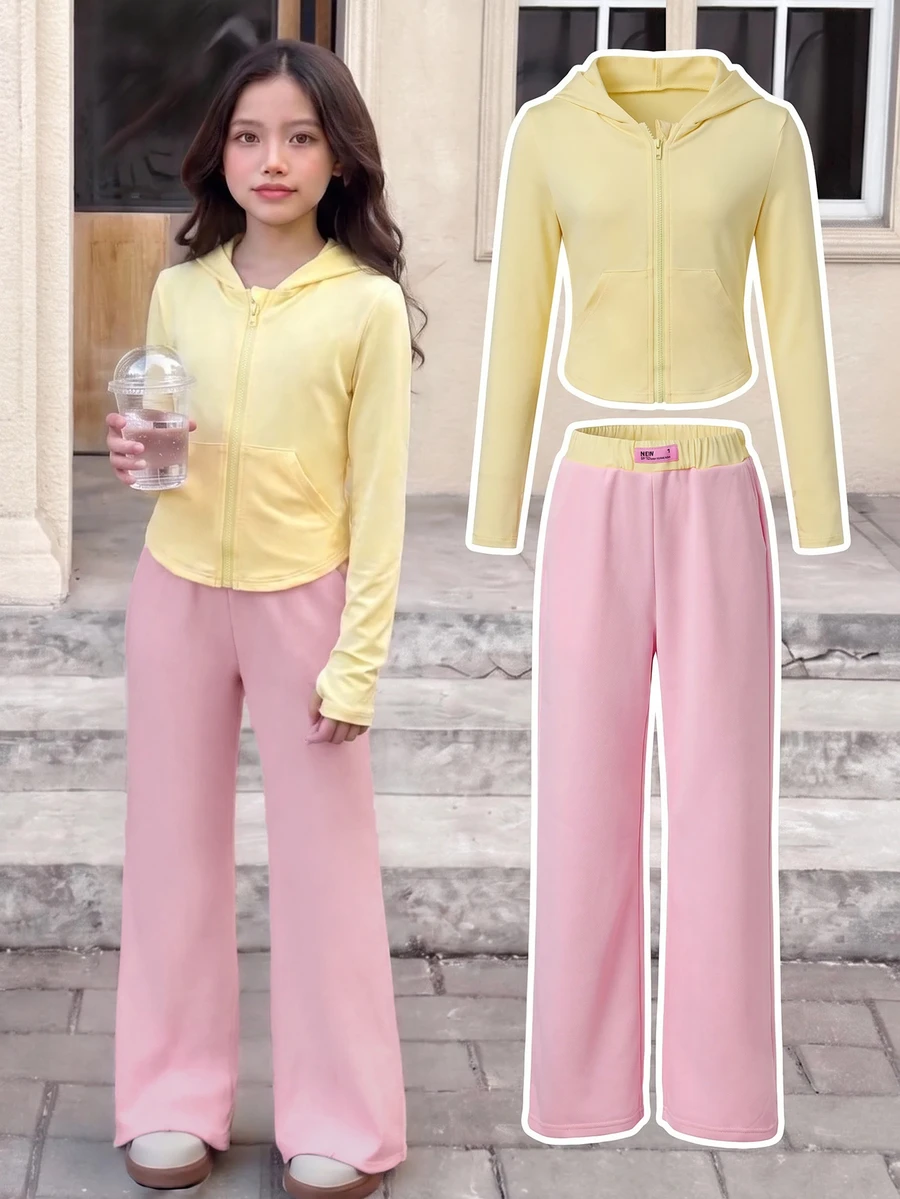 SHEIN Tween Girls 2pcs Solid Pink Drawstring Hoodie & Wide Leg Pants Set, Suitable For Spring/Autumn Casual And Daily Wear - Yellow - View 1