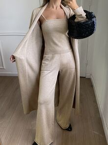 Livesso Tall Bộ đồ len nữ màu trơn gồm áo hai dây, áo choàng và quần dài cho mùa thu đông - Màu Khaki - Xem 7