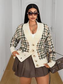 Maweii Plus Size Women's Houndstooth Casual Versatile Daily Wear Cardigan - Multicolor - View 5
