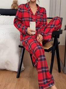 Napfluff طقم بيجامة ملابس منزلية بأكمام طويلة ولباس علوي وبنطال طويل بنقشة مربعات حمراء - الأحمر - مشاهدة 5