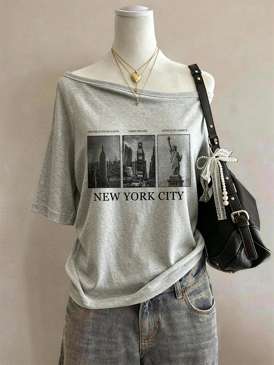 Lalippa NEW YORK 圖案印花時尚極簡女款圓領T恤，送給朋友的禮物 - 灰色 - 查看 1