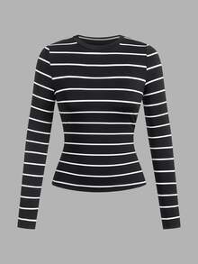 Comfortcana Plus Size Women 3pcs Set Round Neck Striped & Solid Color Casual Fitted Long Sleeve T-Shirt Fall - Multicolor - View 6