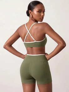 Zivah Women's Olive Green Sports Bra Shoulder Top Shorts Sportswear Set Gym Workout Activewear Outfit For Autumn Winter Workout Gym Active Modest - Multicolor - View 7