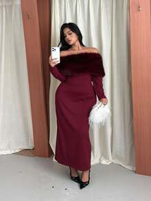 GalTyme Plus Size Women's Plush Patchwork Elegant Waist-Cinching Party Dress Fall - Burgundy - View 5
