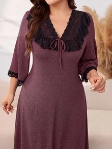 Lacomfia Gaun Pesta Kasual Leher V dengan Patchwork Renda untuk Wanita Ukuran Plus - Red Violet - View 1