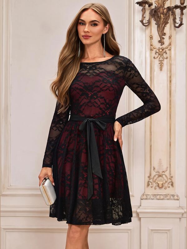 Ellevyn Vestido corto elegante de mujer con cuello redondo, manga larga, encaje y lazo en la cintura