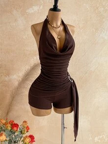 Soleia Women's Casual Brown Jumpsuit Summer Set, Paired With Gold Accessories, Suitable For Vacation, Beach Holiday And Other Occasions. - Brown - View 8