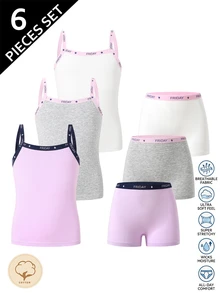 3 articles aléatoires parmi 6 ensembles de sous-vêtements sans manches et shorts pour préadolescentes, charmants, rose crème et violet unicolore, imprimé lettres, tissu doux, confortables pour tous les jours - Multicolore - Voir 8