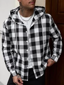 Manfinity CasualCool Men's Plaid Long Sleeve Single-Breasted Casual Drawstring Hooded Shirt - Multicolor - View 1
