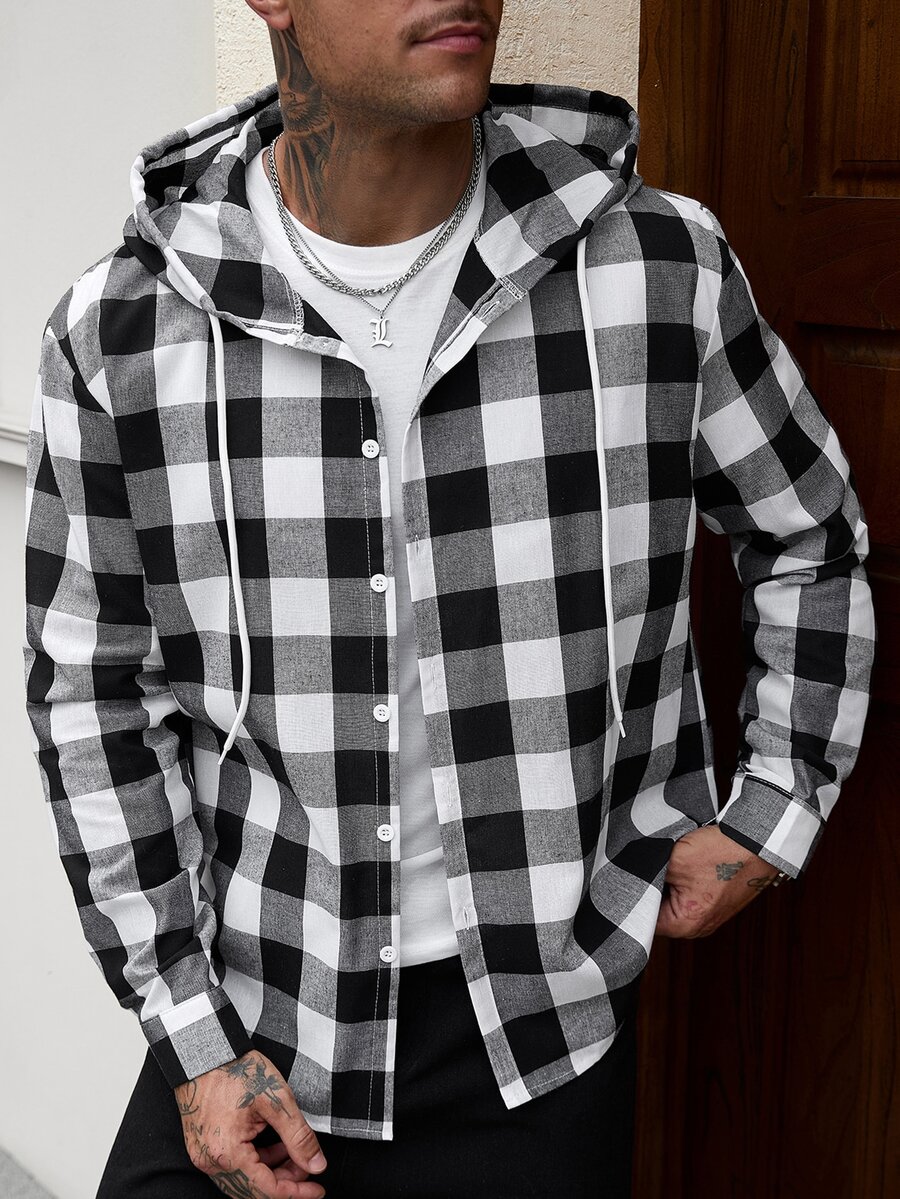 Manfinity CasualCool Men's Plaid Long Sleeve Single-Breasted Casual Drawstring Hooded Shirt - Multicolor - View 1