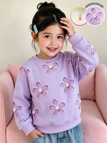 Young Girl Fashion Sweet Floral 3D Effect Print Long Sleeve Thermal Lined Sweatshirt Top Soft Fabric Suitable For Back To School Autumn/Winter - Multicolor - View 4