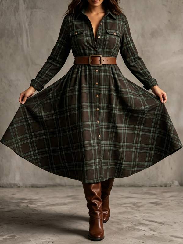Linhara CURVE Women's Plus Size Multi-Color Plaid Shirt Dress, Long Sleeve, Cinched Waist, Flared Hem, Long Length, Faux Pockets, Decorative Pocket Flaps, Wooden Buttons, Button-Down Front, Vintage Autumn/Winter Long Sleeve Dress