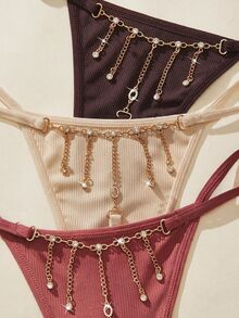 SHEIN Women's 3-Piece Rhinestone Chain Back Strap Thong Set - Multicolor - View 3