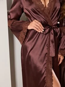 LuxeNights Satin Glossy Lace Trim Elegant Minimalist Tie-Front Women's Loungewear Robe - Brown - View 4