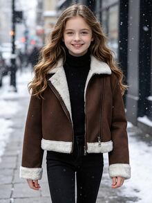 SHEIN Elladie kids Streecool 青少年女孩夾克 秋季服飾 街頭風休閒時尚 純色翻領長袖拉鍊 PU 機車夾克 常規款加厚 - 棕色 - 查看 7