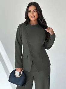 SHEIN Tall CURVE Conjunto de Blazer y Pantalones de Moda para Talla Grande de Estilo Ejecutivo - Gris Oscuro - Ver 6